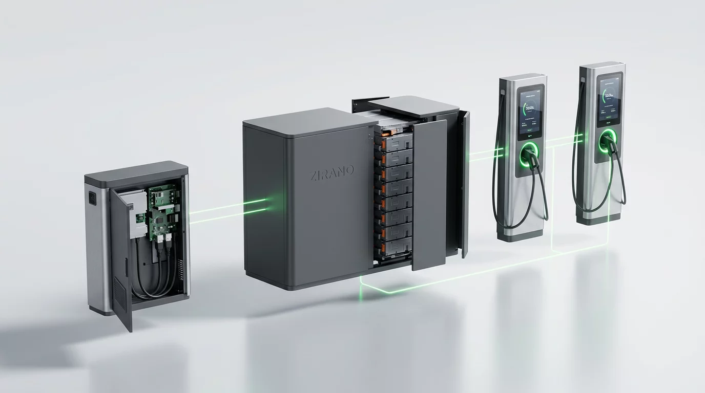 ZIRANO Ladesystem: Netzanschluss, Batteriespeicher und zwei DC-Ladesäulen als Explosionsdarstellung
